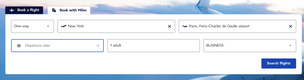 Air France screenshot of booking search